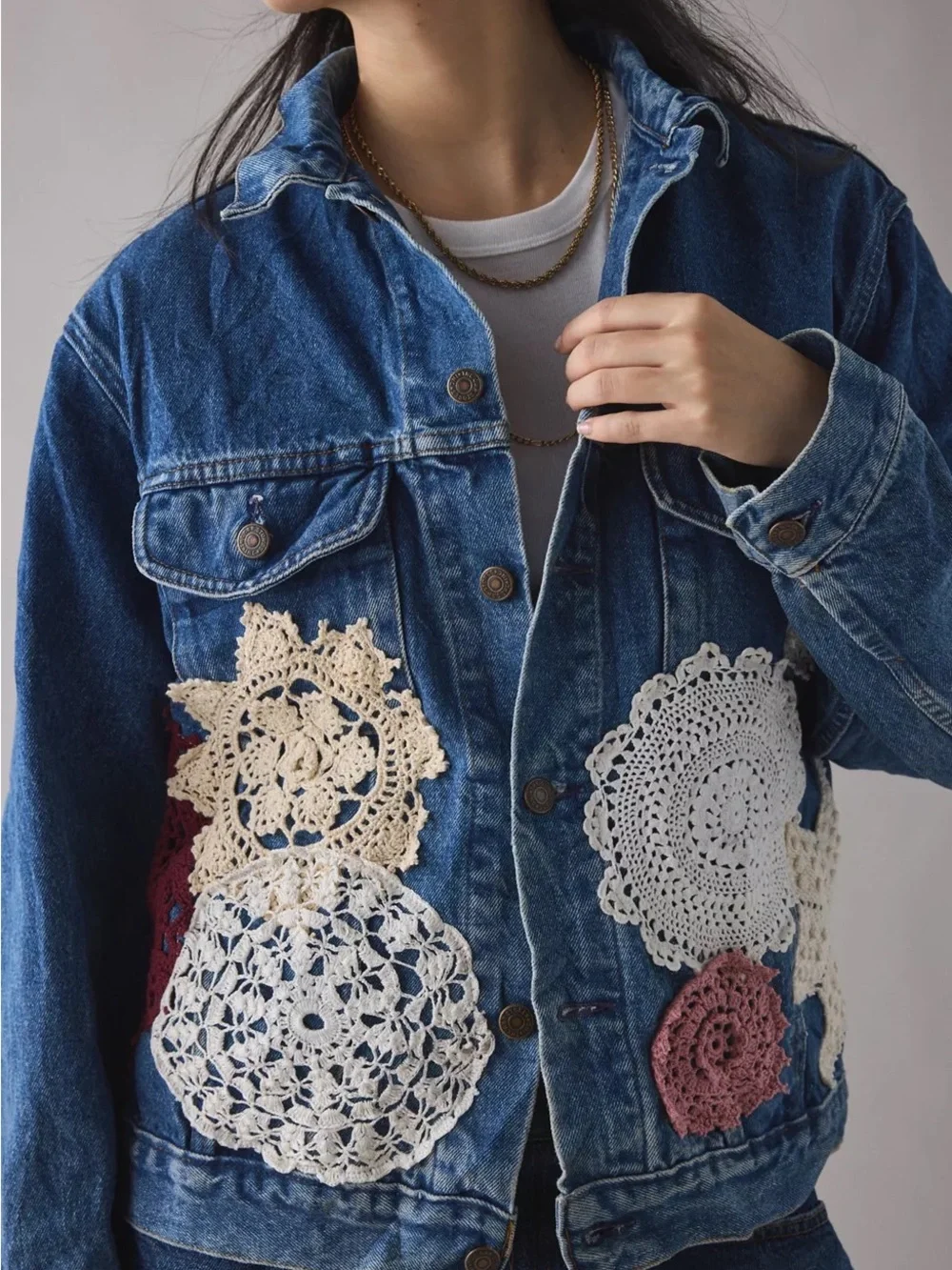 Denim Jacket with Crochet Doily Appliqués - Blue